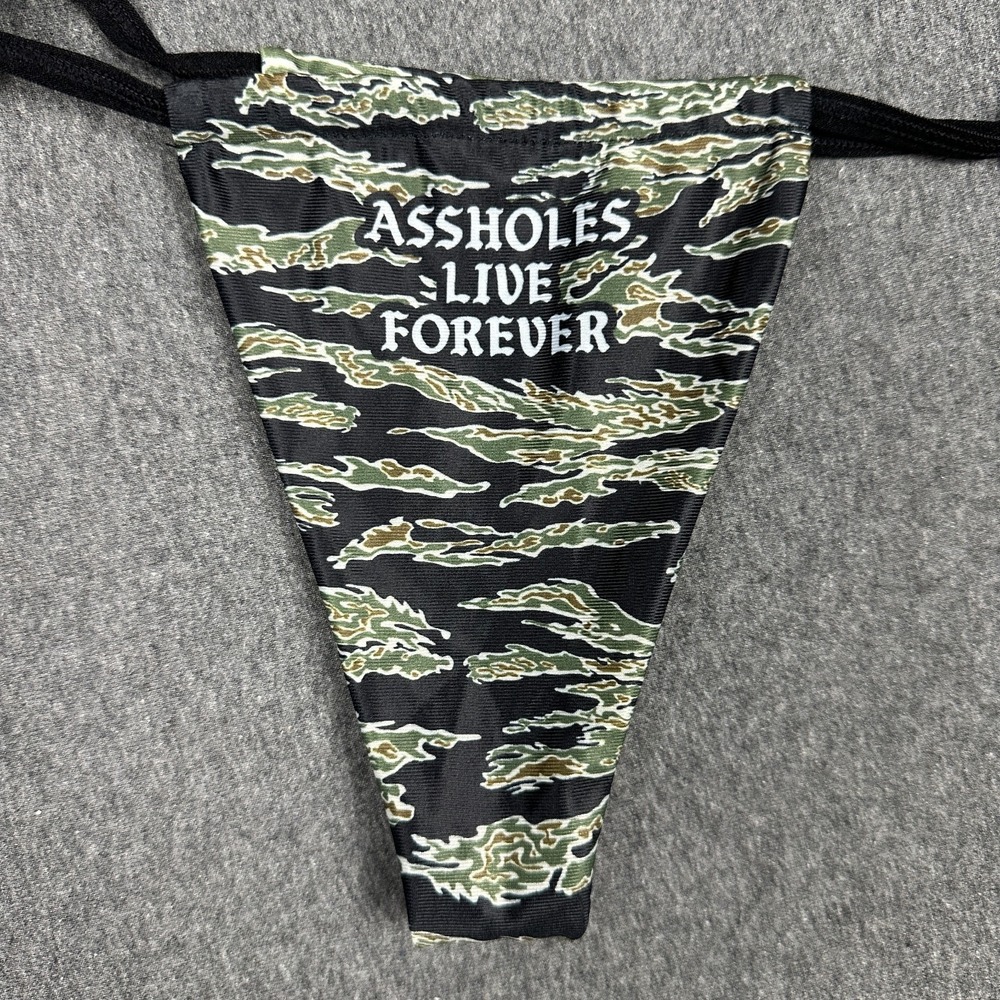 As*holes Live Forever Tiger Camo Thong Side-Tie G-String Bikini Bottom Panty OS - Picture 2 of 6